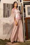 Buy_ISLIE BY PRIYA JAIN_Pink Kora Silk Embroidered Thread Cape Open Floral Bouquet Palazzo Set _at_Aza_Fashions