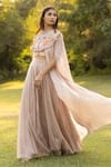 ISLIE BY PRIYA JAIN_Beige Summer Silk Embroidered Thread Round Floral Garden Cape With Palazzo _Online_at_Aza_Fashions