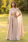 Buy_ISLIE BY PRIYA JAIN_Beige Summer Silk Embroidered Thread Round Floral Garden Cape With Palazzo _at_Aza_Fashions