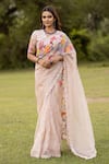 Buy_ISLIE BY PRIYA JAIN_Pink Organza Embroidered Thread Floral Bouquet Sequined Saree With Blouse _at_Aza_Fashions