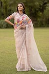 Shop_ISLIE BY PRIYA JAIN_Pink Organza Embroidered Thread Floral Bouquet Sequined Saree With Blouse _at_Aza_Fashions