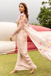 Buy_ISLIE BY PRIYA JAIN_Pink Kora Silk Embroidered Thread Jacket Open Floral Draped Skirt Set _Online_at_Aza_Fashions