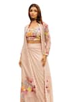 Shop_ISLIE BY PRIYA JAIN_Pink Kora Silk Embroidered Thread Jacket Open Floral Draped Skirt Set _Online_at_Aza_Fashions