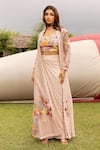 Buy_ISLIE BY PRIYA JAIN_Pink Kora Silk Embroidered Thread Jacket Open Floral Draped Skirt Set _at_Aza_Fashions