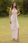 Buy_ISLIE BY PRIYA JAIN_Ivory Shimmer Embroidery Bead Blunt V Neck Stripe Dress _at_Aza_Fashions