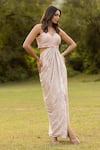 Shop_ISLIE BY PRIYA JAIN_Ivory Shimmer Embroidery Bead Blunt V Neck Stripe Dress _at_Aza_Fashions