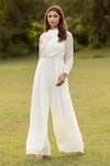 Shop_ISLIE BY PRIYA JAIN_Cream Natural Crepe Embroidery Kaliyarn Round High Floral Placement Jumpsuit _at_Aza_Fashions