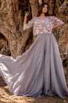 Buy_ISLIE BY PRIYA JAIN_Grey Organza Hand Embroidered Applique Round Floral Work Top And Palazzo Set _at_Aza_Fashions