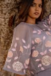 Shop_ISLIE BY PRIYA JAIN_Grey Organza Hand Embroidered Applique Round Floral Work Top And Palazzo Set _at_Aza_Fashions