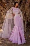 Buy_ISLIE BY PRIYA JAIN_Purple Kora Silk Hand Embroidered Cutdana Round Floral Skirt Set With Cape _at_Aza_Fashions