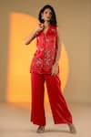 Buy_Amrood_Red Satin Embroidery Beads Camp Collar Floral Top With Flared Pant _at_Aza_Fashions