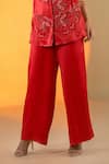 Amrood_Red Satin Embroidery Beads Camp Collar Floral Top With Flared Pant _Online_at_Aza_Fashions