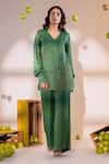 Amrood_Green Satin Embroidery Florin Collared V Neck Top With Pant _Online_at_Aza_Fashions