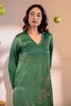 Amrood_Green Satin Embroidery Florin Collared V Neck Top With Pant _at_Aza_Fashions