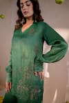 Buy_Amrood_Green Satin Embroidery Florin Collared V Neck Top With Pant 