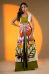 Buy_Amrood_Off White Satin Print Gardenia Collared V Neck Jacket And Pant Set _at_Aza_Fashions