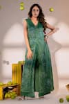 Buy_Amrood_Green Satin Embroidery Blossomy V Neck Long Front Slit Kurta With Flared Pant _at_Aza_Fashions