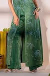 Amrood_Green Satin Embroidery Blossomy V Neck Long Front Slit Kurta With Flared Pant _Online_at_Aza_Fashions