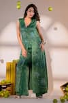 Buy_Amrood_Green Satin Embroidery Blossomy V Neck Long Front Slit Kurta With Flared Pant _Online_at_Aza_Fashions