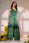 Amrood_Green Satin Embroidery Blossomy V Neck Long Front Slit Kurta With Flared Pant _at_Aza_Fashions