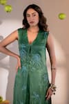 Buy_Amrood_Green Satin Embroidery Blossomy V Neck Long Front Slit Kurta With Flared Pant 