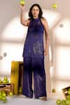 Buy_Amrood_Purple Satin Embroidery Bird Paradise Halter Neck Kurta With Flared Pant _at_Aza_Fashions