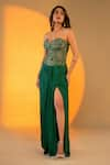 Amrood_Green Satin Embroidery Florence Sweetheart Neck Corset With Draped Slit Skirt _Online_at_Aza_Fashions