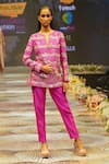 Buy_Rahul Singh_Pink Chanderi Silk Hand Embroidered Sequin Notched-v Floral Top With Pant _at_Aza_Fashions