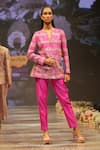 Shop_Rahul Singh_Pink Chanderi Silk Hand Embroidered Sequin Notched-v Floral Top With Pant 