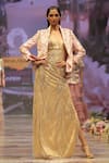 Buy_Rahul Singh_Gold Chanderi Silk Embroidery Thread Dress Plunge V Neck Stripe With Jacket _at_Aza_Fashions