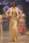 Buy_Rahul Singh_Gold Chanderi Silk Embroidery Thread Dress Plunge V Neck Stripe With Jacket _Online_at_Aza_Fashions