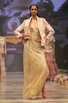 Shop_Rahul Singh_Gold Chanderi Silk Embroidery Thread Dress Plunge V Neck Stripe With Jacket _Online_at_Aza_Fashions