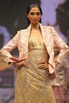 Rahul Singh_Gold Chanderi Silk Embroidery Thread Dress Plunge V Neck Stripe With Jacket _at_Aza_Fashions