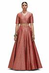 Buy_Mimamsaa_Red Brocade Silk Woven Bird Motif High Neck Watsala Lehenga Set 