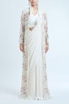 Buy_Ridhima Bhasin_White Embroidered Beads V Neck Long Jacket And Pre-draped Saree Set _Online_at_Aza_Fashions