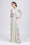 Ridhima Bhasin_White Embroidered Beads V Neck Long Jacket And Pre-draped Saree Set _Online_at_Aza_Fashions