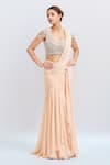 Buy_Tarun Tahiliani_Peach Embroidered Pearl Scoop U Neck Pre-draped Saree With Blouse _at_Aza_Fashions