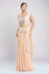 Tarun Tahiliani_Peach Embroidered Pearl Scoop U Neck Pre-draped Saree With Blouse _Online_at_Aza_Fashions