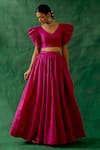 Buy_Vinusto_Pink Handwoven Chanderi V-neck Ruffle Blouse With Lehenga _at_Aza_Fashions