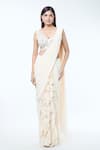 Buy_Vivek Patel_Ivory Georgette Embellished Floral Ruffle Detailed Pre-draped Saree With Blouse _at_Aza_Fashions