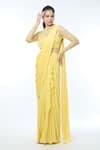 Buy_Vivek Patel_Yellow Georgette Embellished 3d Flower Round Sheer Sleeves Saree Gown _at_Aza_Fashions