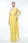 Buy_Vivek Patel_Yellow Georgette Embellished 3d Flower Round Sheer Sleeves Saree Gown 