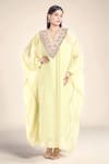 Buy_Anamika Khanna_Yellow Silk Embellished Floral Kaftan V Neck Embroidered Yoke _at_Aza_Fashions