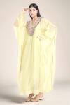 Buy_Anamika Khanna_Yellow Silk Embellished Floral Kaftan V Neck Embroidered Yoke 