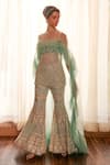 Buy_Cherie D_Blue Silk Embroidery Pearls Cape Closed Neck Scandal Ruffle And Sharara Set _at_Aza_Fashions