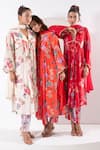 Buy_Ekavira_Red Crepe Silk Printed Floral V-neck Madhubala Kurta Pant Set _Online_at_Aza_Fashions