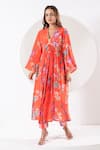 Buy_Ekavira_Orange Crepe Silk Printed Floral V-neck Madhubala Vine Kurta Pant Set _Online_at_Aza_Fashions