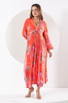 Shop_Ekavira_Orange Crepe Silk Printed Floral V-neck Madhubala Vine Kurta Pant Set _Online_at_Aza_Fashions