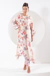 Ekavira_Ivory Crepe Silk Printed Botanic Round Rukhmani Asymmetric Kaftan With Pant _Online_at_Aza_Fashions