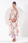 Shop_Ekavira_Ivory Crepe Silk Printed Botanic Round Rukhmani Asymmetric Kaftan With Pant _Online_at_Aza_Fashions